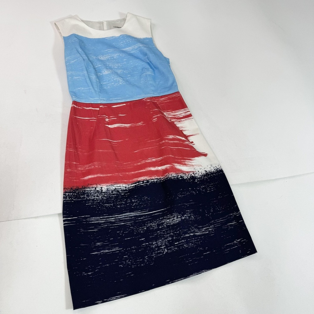 Lands End Dress Womens 8 Sleeveless Midi Fit Flare Brushstroke Art Pattern